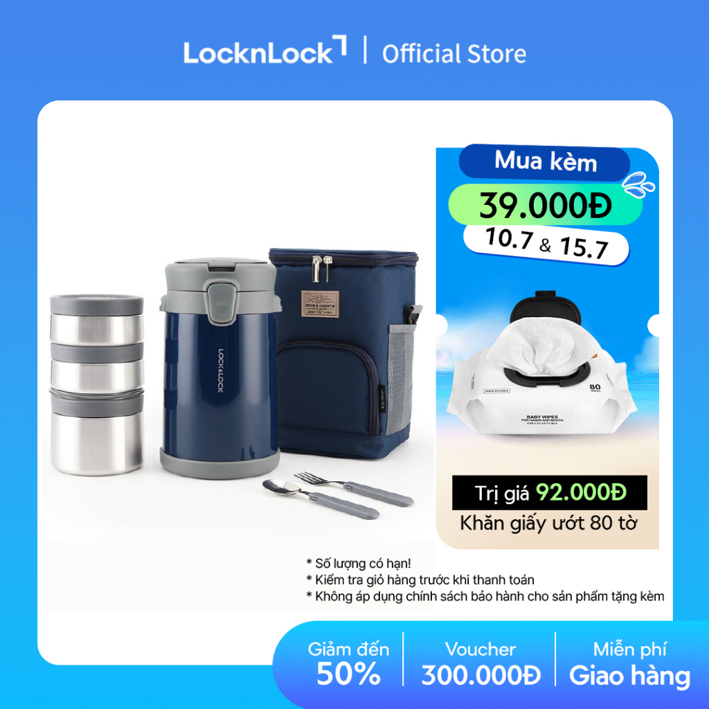 Bộ hộp cơm giữ nhiệt kèm muỗng nĩa Lock&Lock Easy Carry 2.0L LHC8039