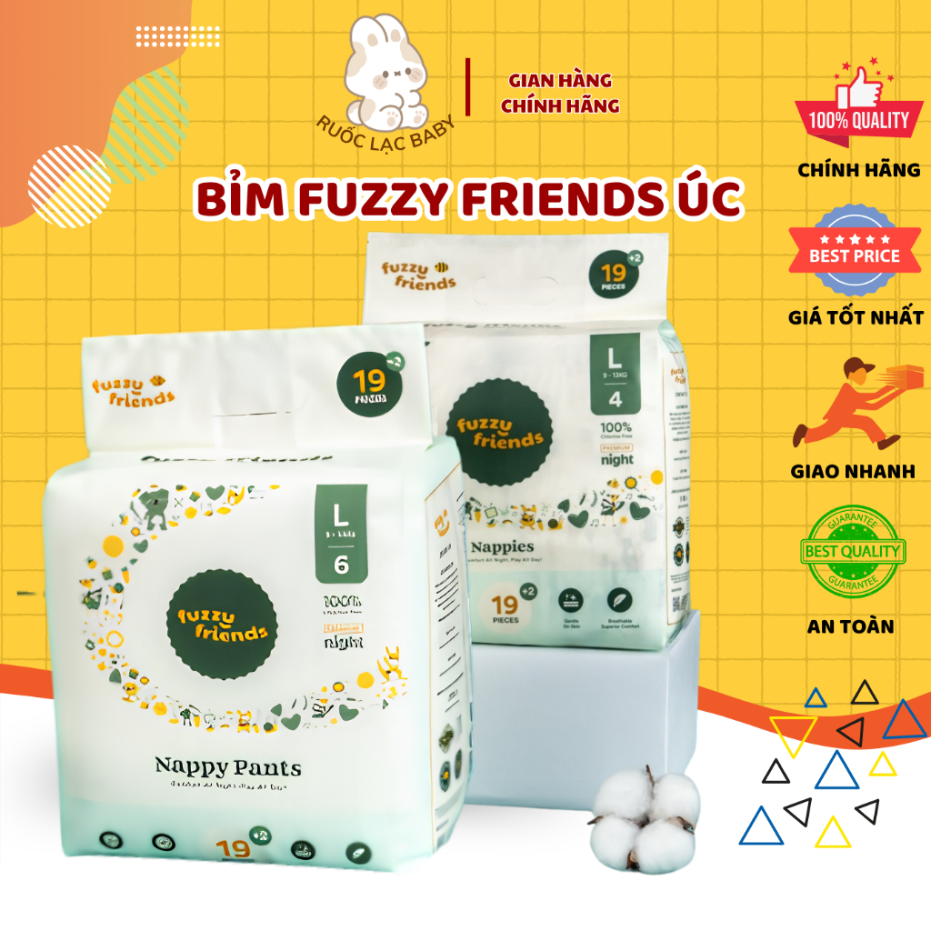 Tã Bỉm Dán và Quần Đêm FUZZY FRIENDS Úc – Bỉm Đêm Siêu Mỏng An Toàn Cho Bé - Ruốc Lạc Baby