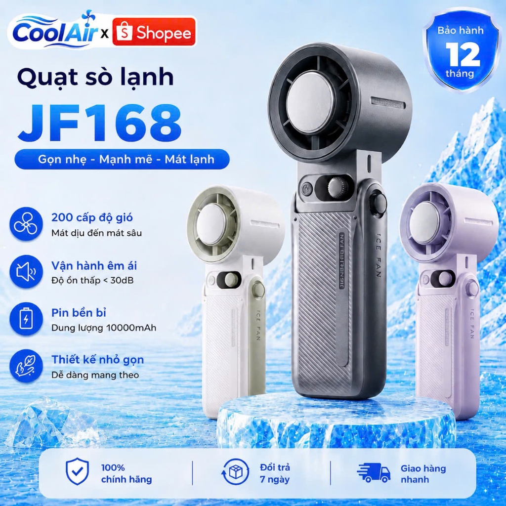 (Loại đẹp) Quạt sò lạnh JF168 Gió Mạnh, Pin cực trâu, 199 Chế Độ, Gập 135 độ, Tặng Dây Đeo Cổ