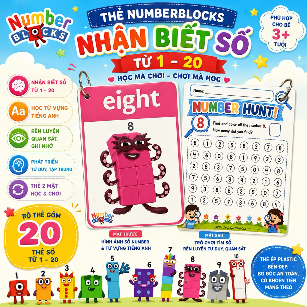 ( Tặng bút viết xoá) Bộ thẻ flashcard Number Blocks từ 1-20, mặt sau là trò chơi tìm số giúp bé vừa 