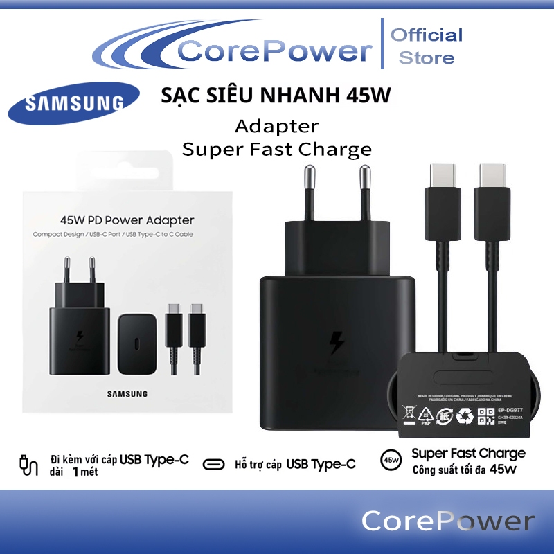 Sạc nhanh 3 trong 1 Samsung 65W, chuẩn sạc nhanh EU, cổng Type-C, có bảo vệ đầu ra.Samsung 25W / 45W