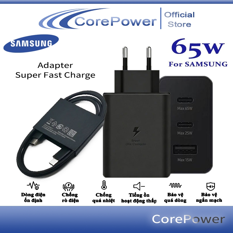 Sạc nhanh 3 trong 1 Samsung 65W, chuẩn sạc nhanh EU, cổng Type-C, có bảo vệ đầu ra.Samsung 25W / 45W