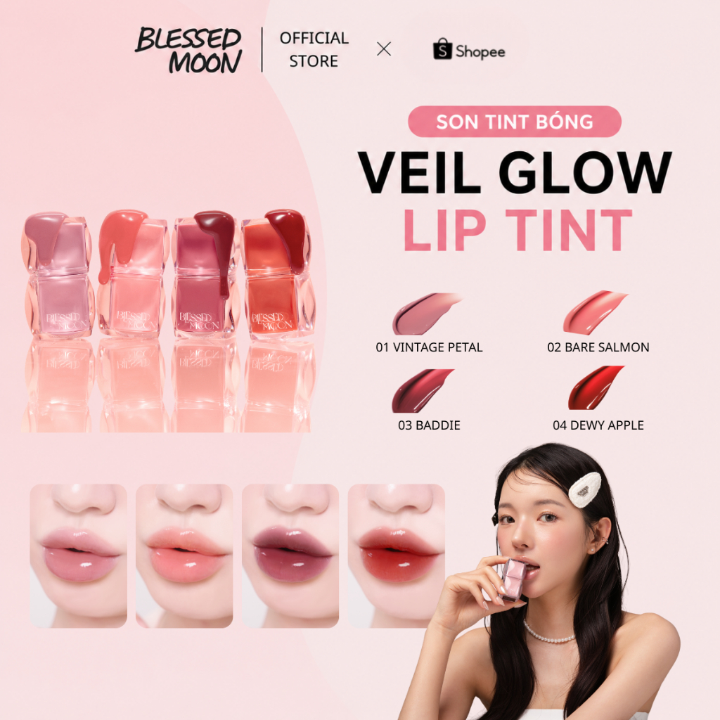 Blessed Moon Veil Glow Lip Tint Chính Hãng | Son Tint Bóng Hàn Quốc, Môi Căng Mọng, Trong Trẻo, Lâu 