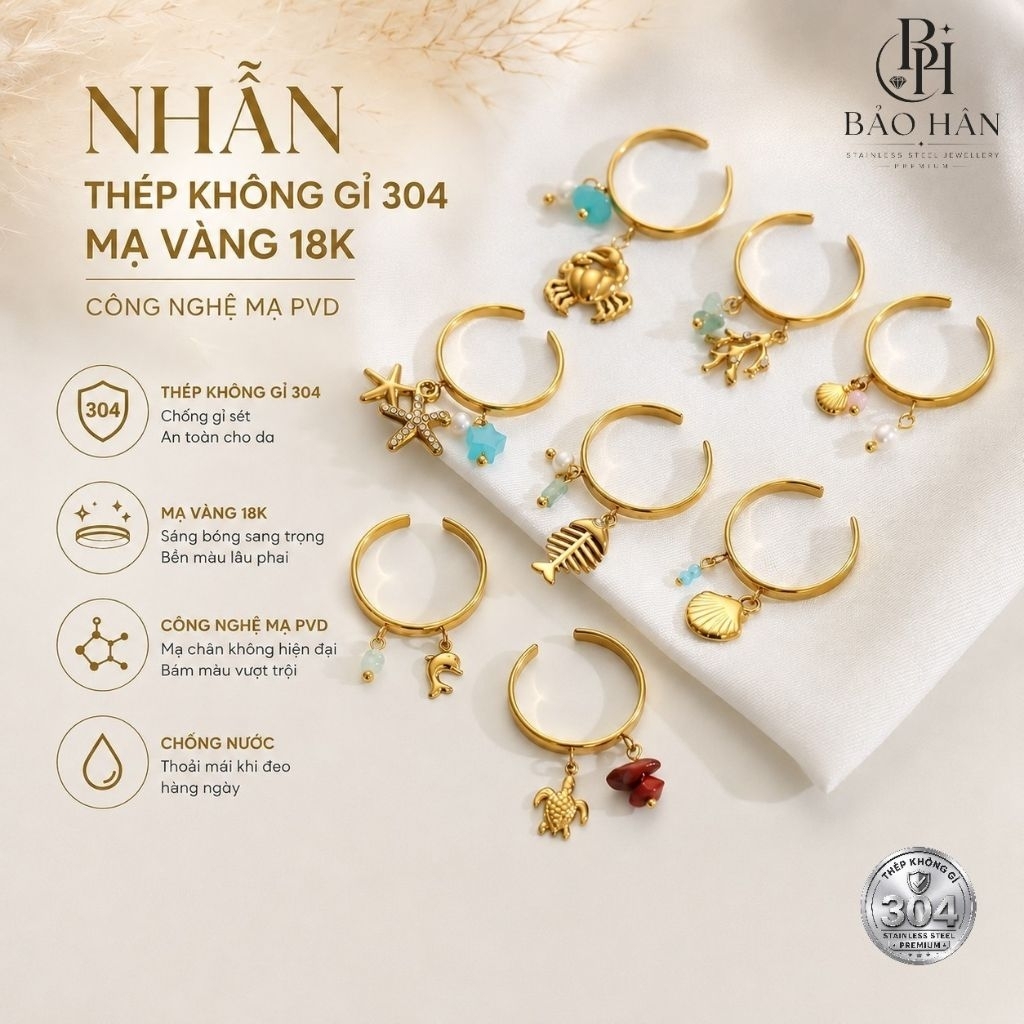 Nhẫn thép không gỉ 304 mạ vàng 18K công nghệ mạ PVD cao cấp chống gỉ chống oxi hoá đeo hàng ngày M53