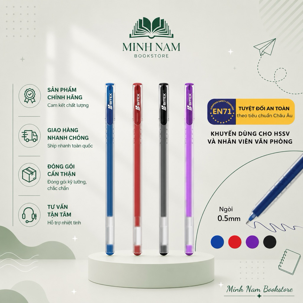 (Combo 5 cây) Bút gel Bitex mực xanh, đen, tím, đỏ G04 - Minh Nam