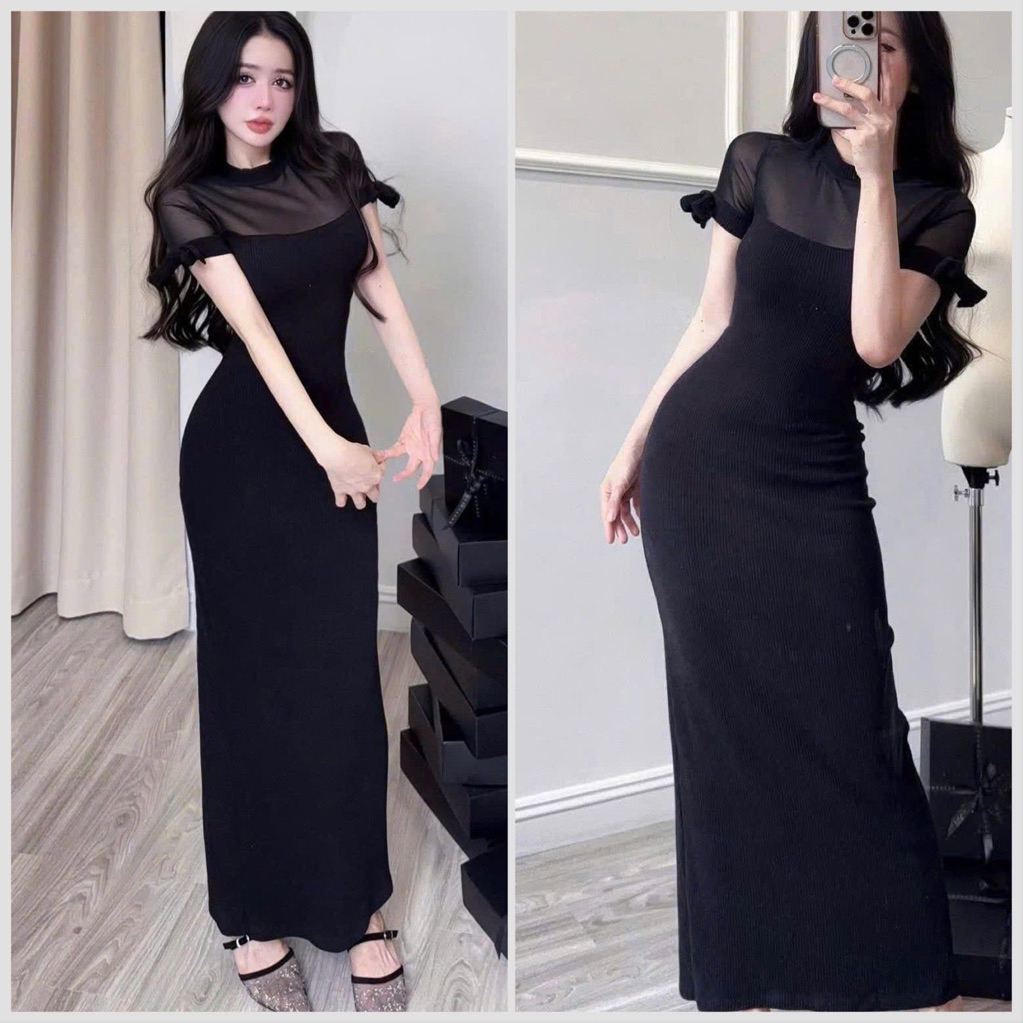 Đf body dáng dài phối lưới, tay nơ,  chất thun tăm H611