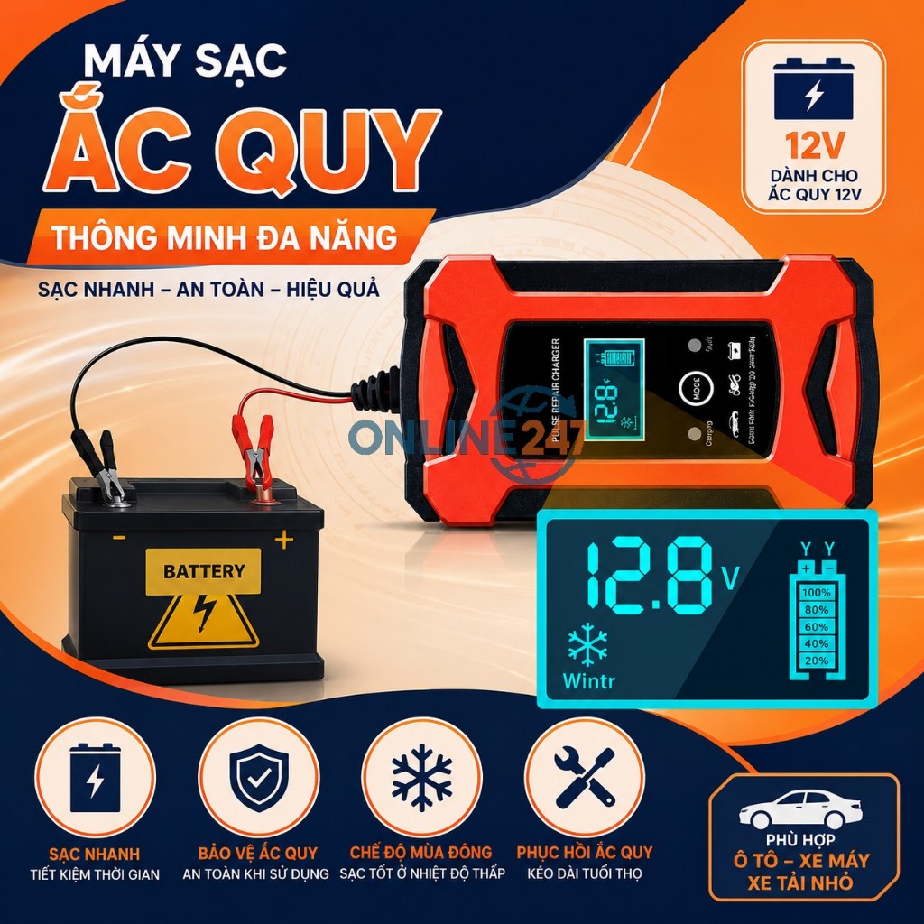 Sạc bình acquy xe máy 12V - 100ah, bộ sạc bình acquy cho xe máy đến ô tô tự động ngắt khi đầy