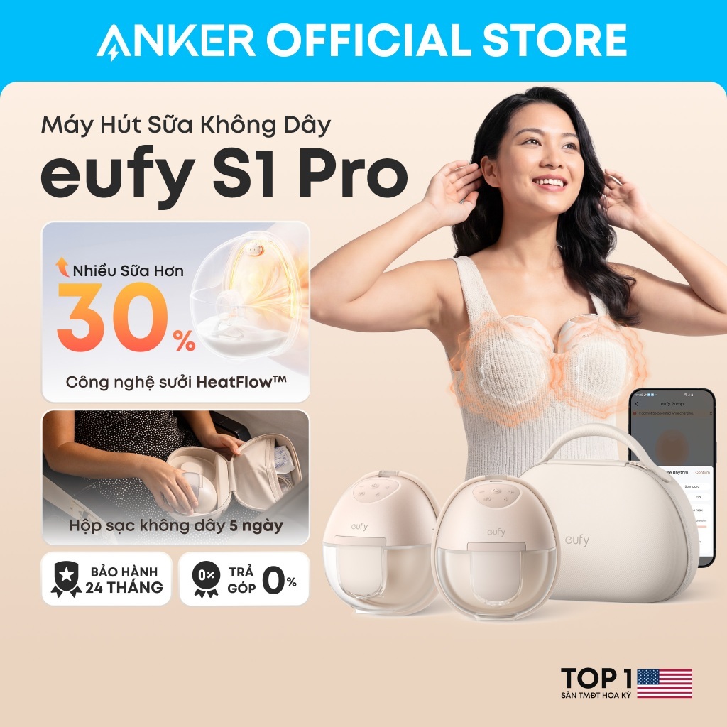 Máy hút sữa không dây Eufy S1 Pro sưởi ấm 7 mức tăng 30% sữa, hộp sạc pin 5 ngày, app tinh chỉnh 7 l