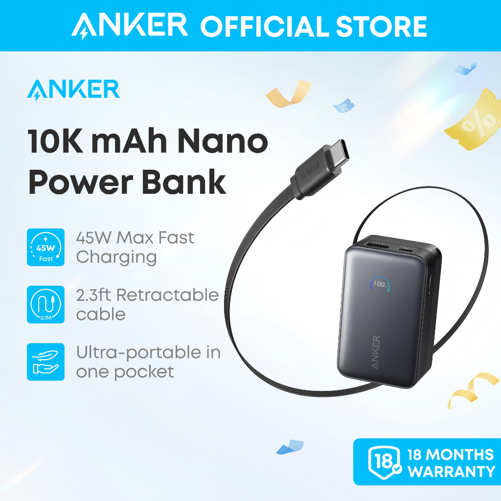SDP Anker Nano 10.000mAh | Sạc nhanh 45W | 2 cổng 1C1A | Tích hợp cáp USB-C rút gọn | Sạc 3 thiết bị