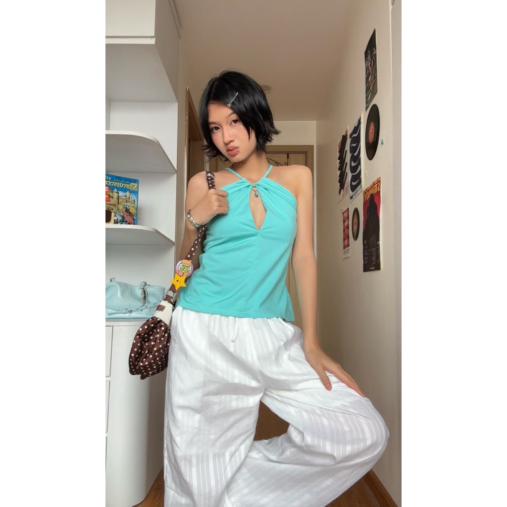[Loop Halter] Áo khoét kiểu cổ yếm màu xanh Tiffany mùa Hè đi biển tôn dáng A07 - CHICBEE