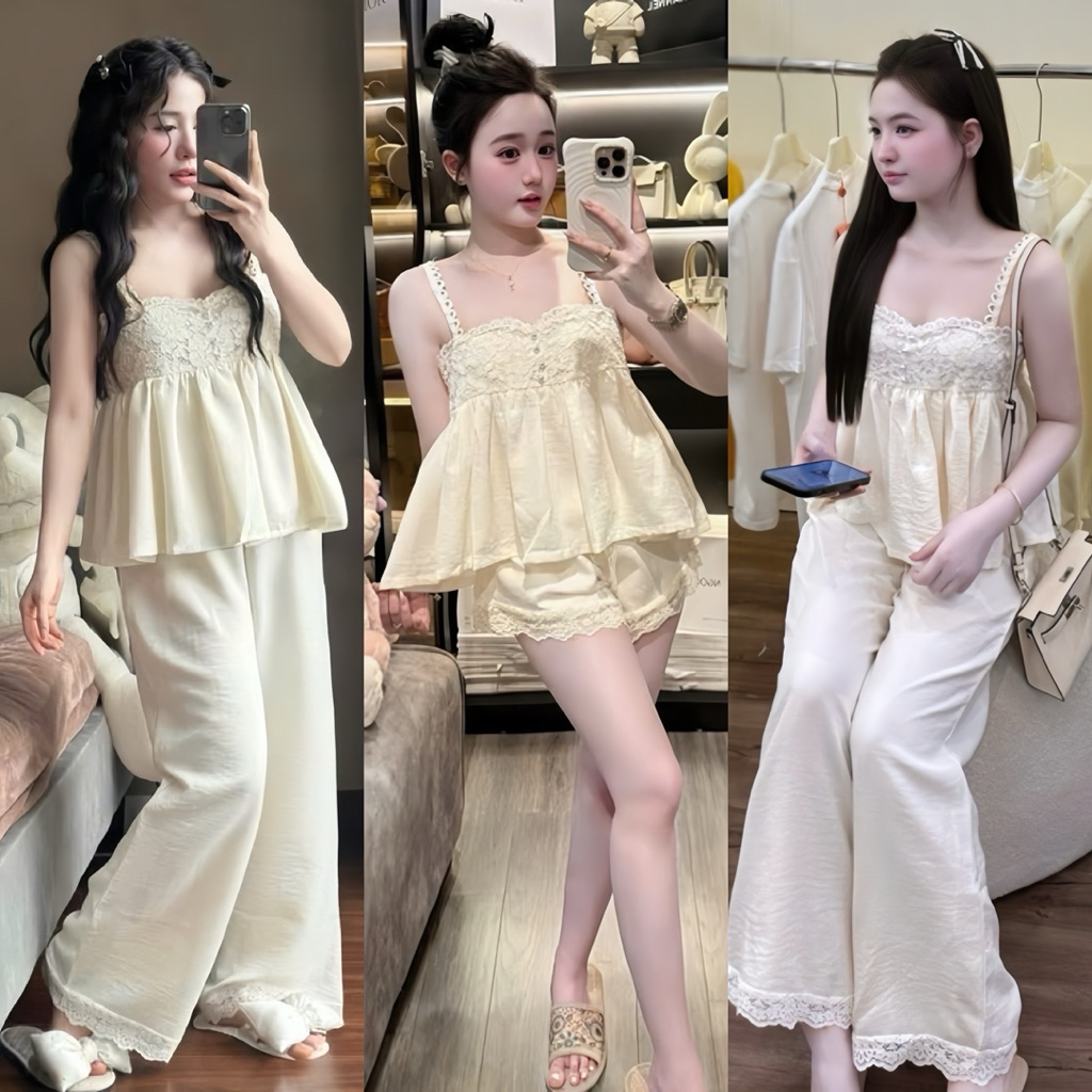 #98 EMMA Set Đồ Ngủ, Mặc Nhà 2 Dây Áo Phối Ren Đính Cúc Ngọc, Quần Viền Ren Cao Cấp