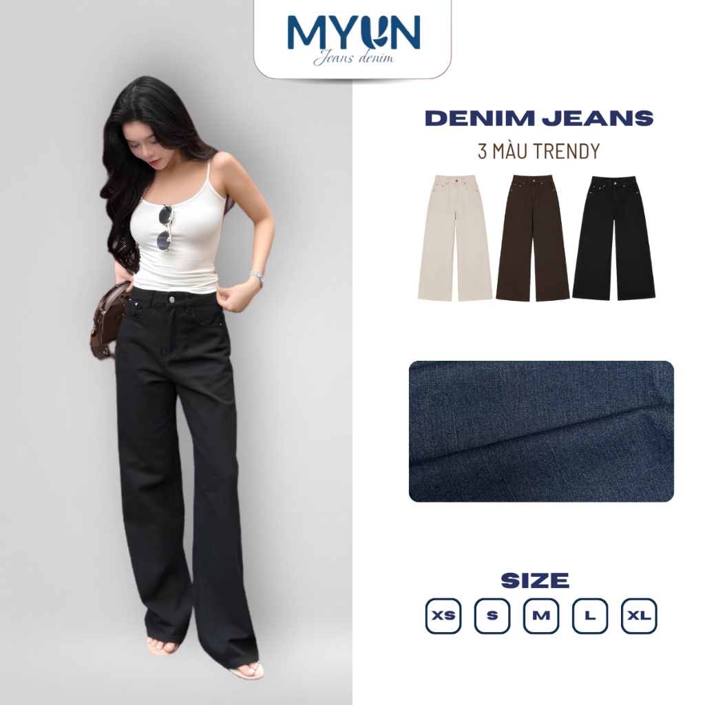 MYUN - Quần Jean trắng nữ suông ống rộng cạp cao, quần bò ống rộng, vải cotton JR0003