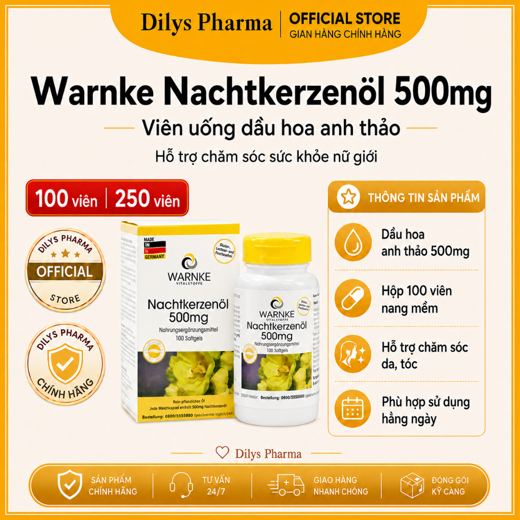 Tinh Dầu Hoa Anh Thảo Warnke Nachtkerzenöl 500mg Đức Hộp 100 Viên, Bổ Sung GLA, Vitamin E,Hỗ Trợ Chă