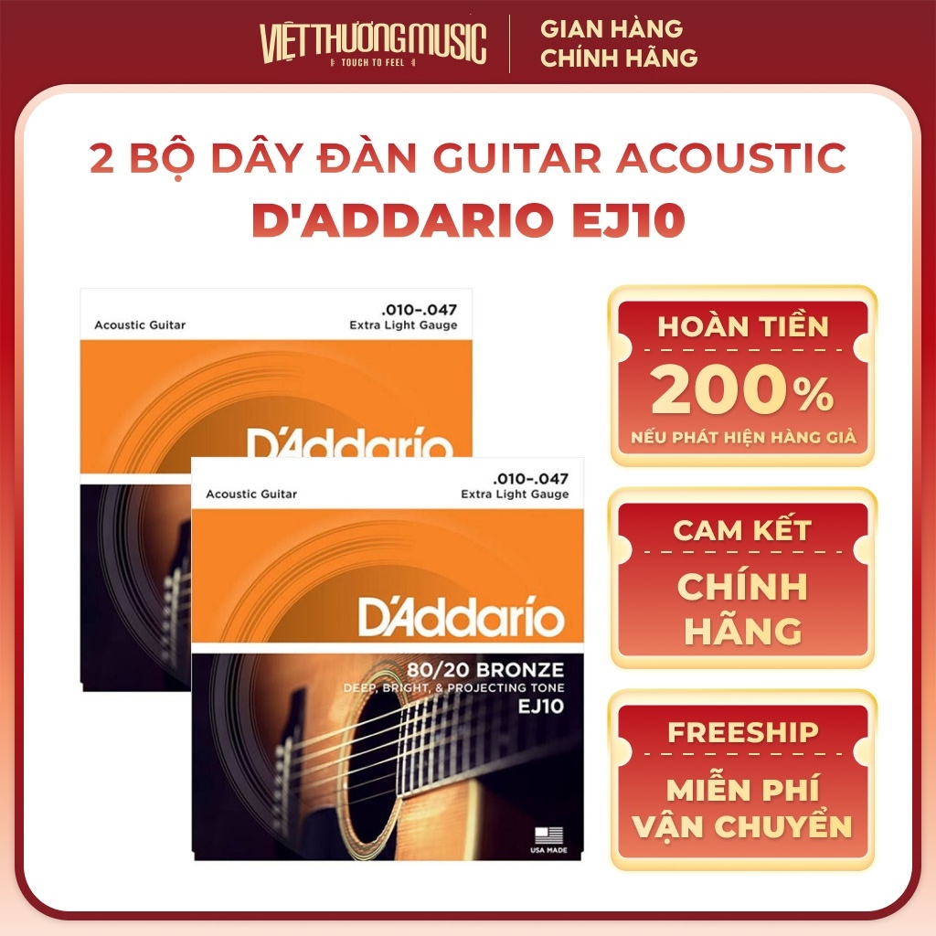 Dây Đàn Guitar Acoustic D'addario EJ10 Size 10 Dây Guitar Siêu Nhẹ