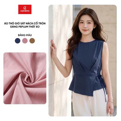 Áo kiểu nữ CARDINA chất liệu thô gió sát nách cổ tròn dáng peplum thắt eo 6AKS10
