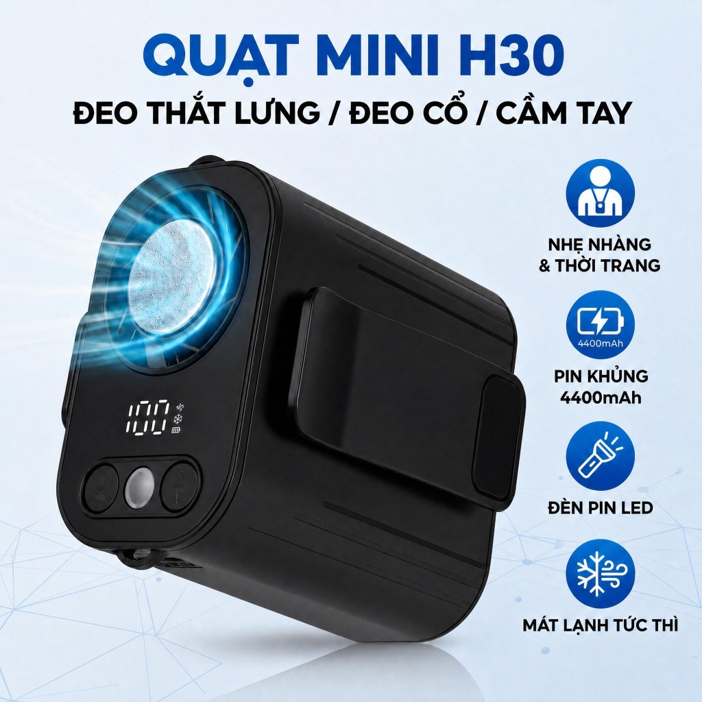 Quạt thắt lưng di động Mini H30 MobileMingle   4400mAh | Làm mát nhanh • Đèn pin LED • Nhỏ gọn & Dễ 