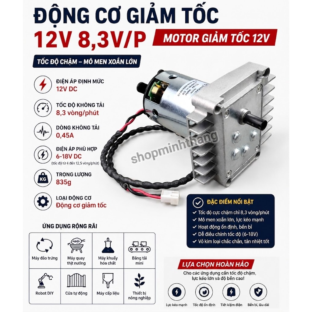Động Cơ Giảm Tốc 12V 8.3RPM Mô Men Xoắn Lớn Motor DC Giảm Tốc 12V Tốc Độ Chậm Cho Máy Đảo Trứng, Máy