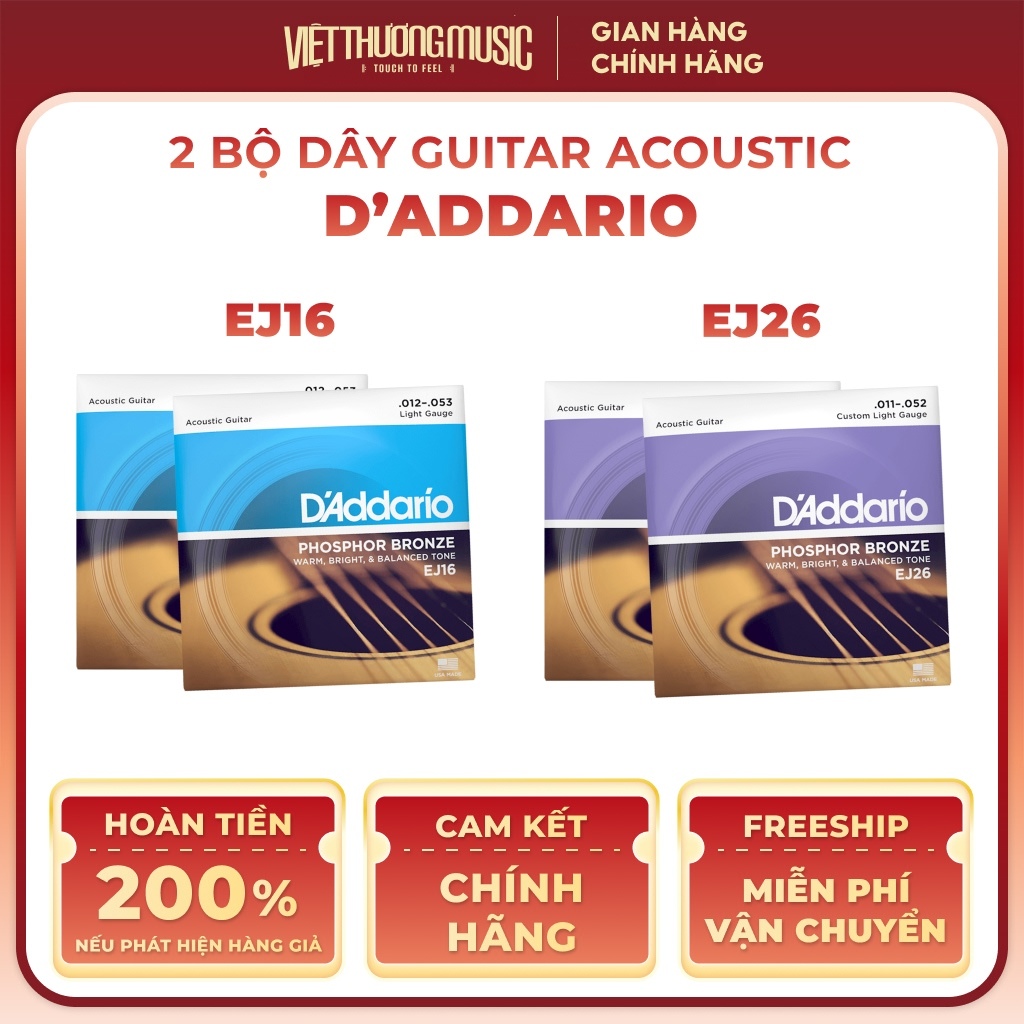 Dây Đàn Guitar Acoustic D'addario EJ16, EJ26 Âm Thanh Ấm Cân Bằng, Độ Bền Cao