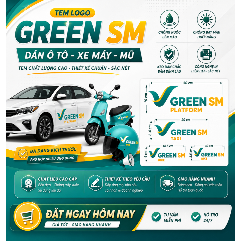 Tem Logo Grenn SM, Mẫu mới của Xanh SM, dán Ôtô, Xe máy, Mũ Bảo Hiểm