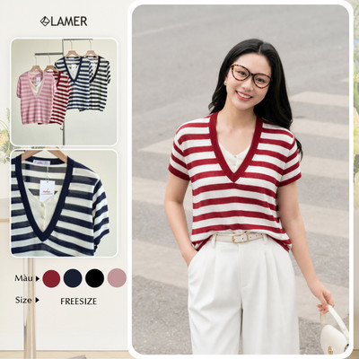 Áo Kiểu Nữ LAMER FASHION Áo Len Kẻ Cộc Tay Cổ V Phối Kẻ Trẻ Trung Mchic O61W26H032