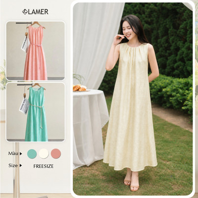 Đầm Maxi LAMER FASHION Đi Biển Dáng Dài Cổ Tròn Họa Tiết Chìm ( Thắt Lưng Bán Rời) Mchic O63M26H026
