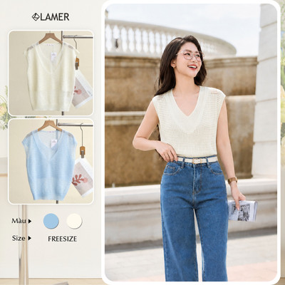 Áo len lưới kiểu nữ vai chờm cổ tròn bo gấu LAMER Mchic O61W26Q019