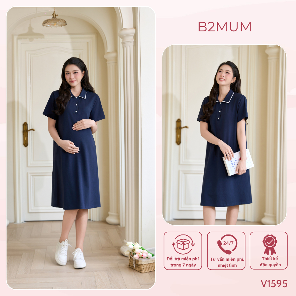 Váy Bầu Polo Cotton Xanh Navy, Cổ Viền Ren Thanh Lịch – Mềm Mát, Co Giãn, Mặc Đi Làm Đi Chơi Adele D