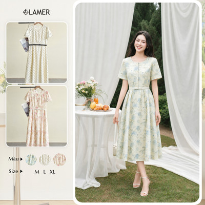 Đầm dáng xoè dài LAMER cổ V cộc tay, váy đầm công sở đai nơ eo Mchic O63L26H029