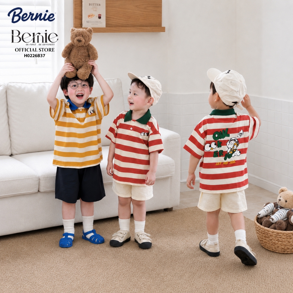 Set polo cộc tay bé trai kẻ ngang OK Bernie nổi bật - Set đồ bộ bé trai mặc đi chơi đi học 11-26kg - H0226B37