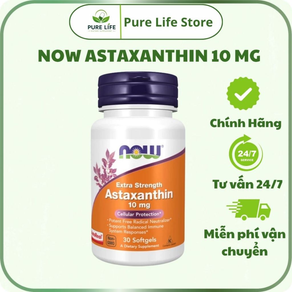 NOW Extra Strength Astaxanthin 10mg giúp chỗng oxy hóa mạnh mẽ, hỗ trợ sức khỏe tim mạch - Pure Life