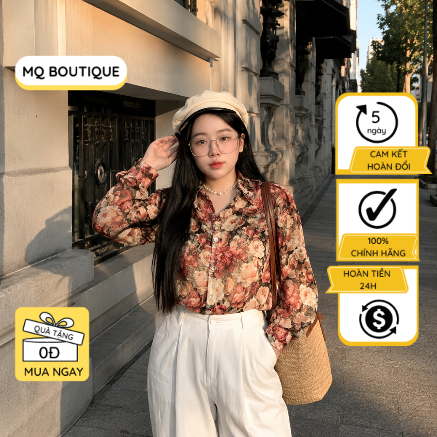 Áo Sơ Mi Tơ Hàn Họa Tiết Hoa Mùa Nữ Thiết Kế MQ Boutique Dáng Cơ Bản Mềm Dịu Nhẹ Không Nhăn