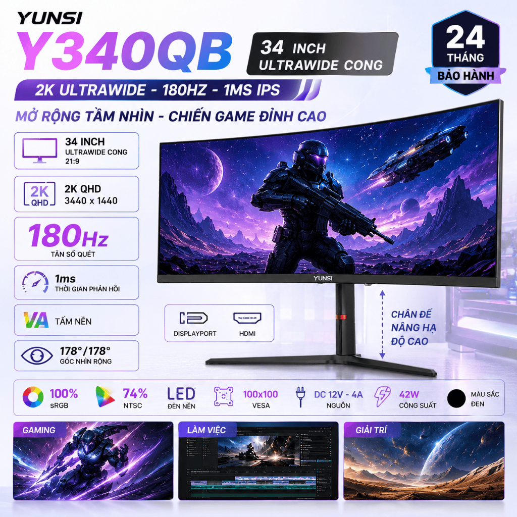 Màn Hình PC Gaming YUNSI 34 Inch UWQHD 3440x1440 180Hz Bảo Hành 24 Tháng