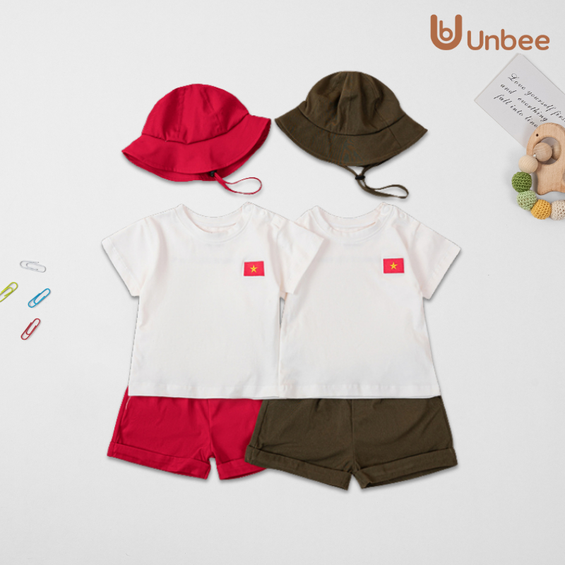Bộ cộc tay cho bé dán lá cờ Việt Nam tặng kèm mũ tai bèo cho bé trai bé gái - Unbee