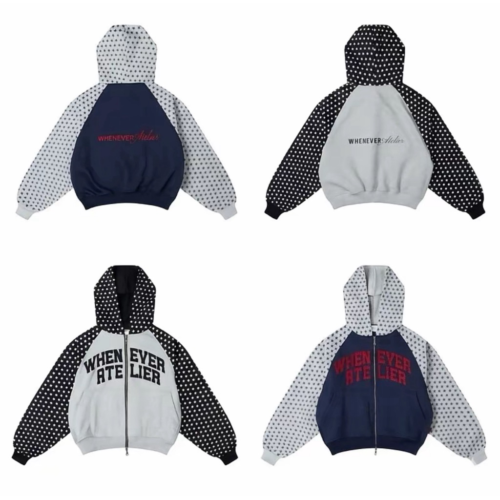 Áo Khoác Nỉ WHENEVER Star Hodie Zip Thêu Chữ Tay Raglan Hình Ngôi Sao Ba Màu (tặng túi tote whenever