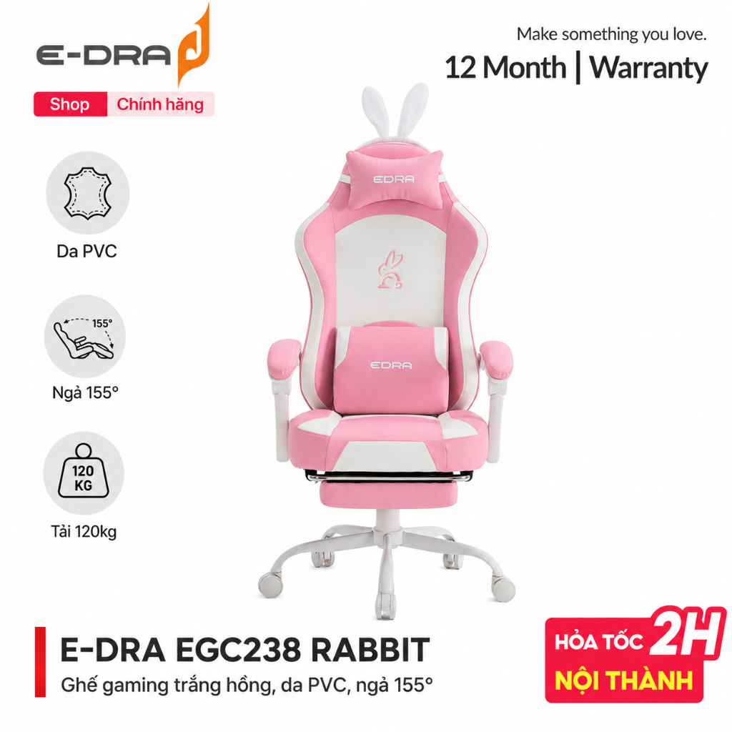 Ghế Gaming Rabbit EDRA EGC238 Trắng Hồng, Da PVC, Ngả 155°, Class 3, Chịu Tải 120kg - Chính hãng