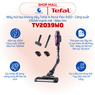 [HỎA TỐC] Máy hút bụi không dây Tefal X-Force Flex 9.60 TY2039WO - Công suất 250W - Chính hãng