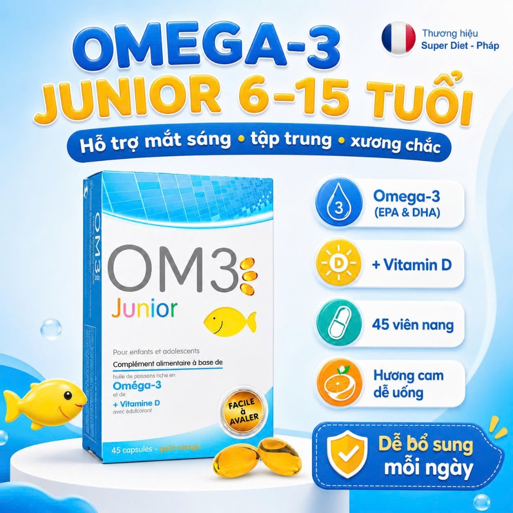 OM3 Junior SuperDiet Omega-3 DHA EPA Vitamin D cho trẻ 6-15 tuổi 45 viên hương cam dễ uống của Pháp
