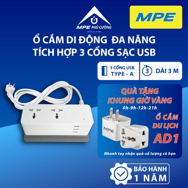 (CHÍNH HÃNG) MPE - Ổ cắm di động 2 ổ cắm đơn đa năng, Tích hợp 3 cổng sạc USB Chính hãng MPE Phú Cườ