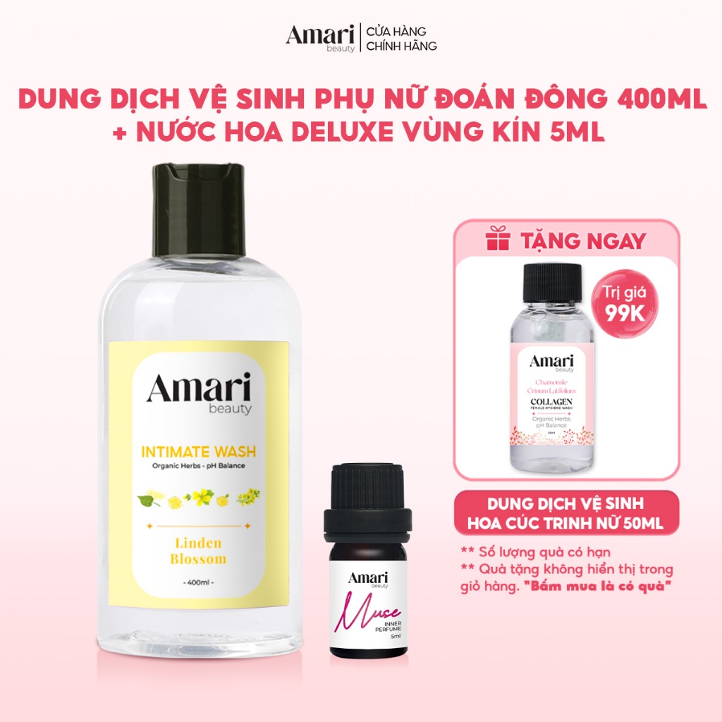 Combo Dung Dịch Vệ Sinh Phụ Nữ  Collagen 400ml Và Nước Hoa Vùng Kín Amari Beauty 5ml