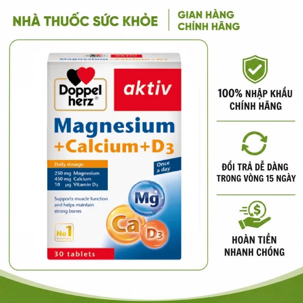(Hàng nhập khẩu) Viên uống Doppelherz Magnesium + Calcium + D3 hỗ trợ xương khớp chắc khỏe - Hộp 30 