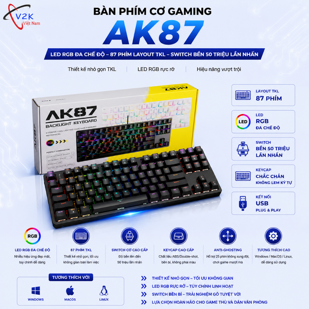 Bàn Phím Cơ Gaming AK87 - LED RGB Đa Chế Độ, 87 Phím Layout TKL, Switch Bền 50 Triệu Lần Nhấn