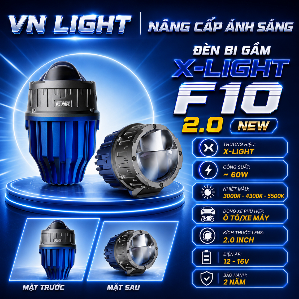 Đèn Bi Gầm X-Light F10 2.0 NEW 3 Nhiệt Màu 60W Chính Hãng Siêu Sáng Bám Đường Tốt Cao Cấp BH 2 Năm