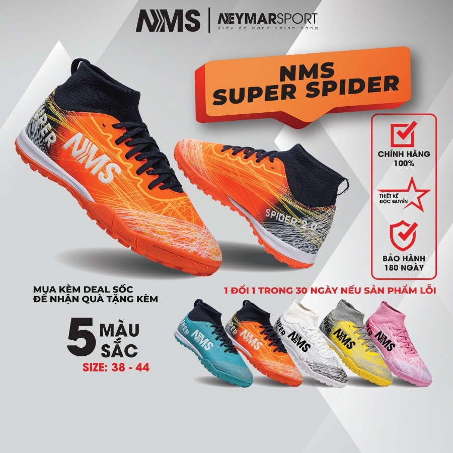 Giày đá bóng cỏ nhân tạo NMS SUPER SPIDER 2.0 TF, cổ thun vải MESH dạng cao ôm chân tốt kết hợp đệm 