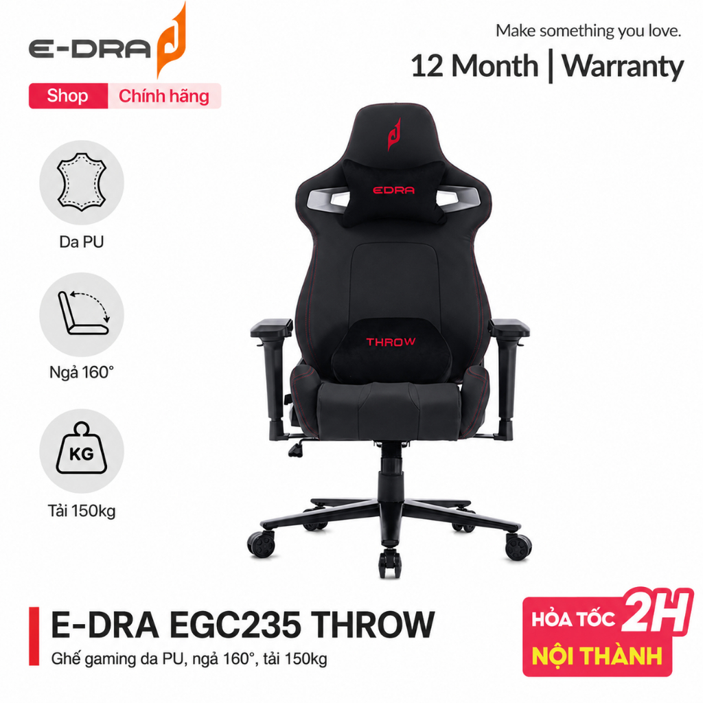 Ghế Gaming E-Dra EGC235 Throw Da PU, Ngả 160°, Kê Tay 4D, Class 4, Tải 150kg - Chính hãng