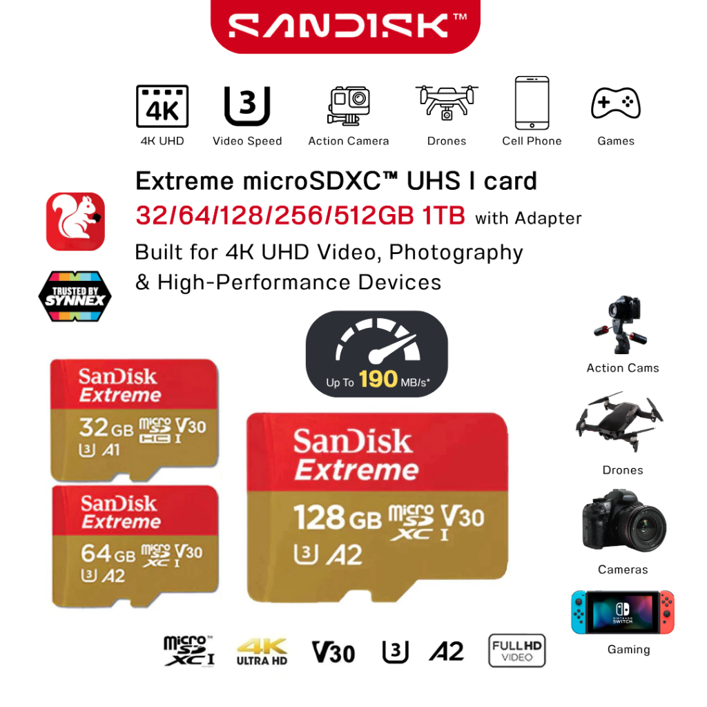 SanDisk Thẻ nhớ microSDXC UHS-I Extreme Pro | 16GB/32GB/64GB/128GB/256GB/512GB/1TB | Bảo hành 5 năm