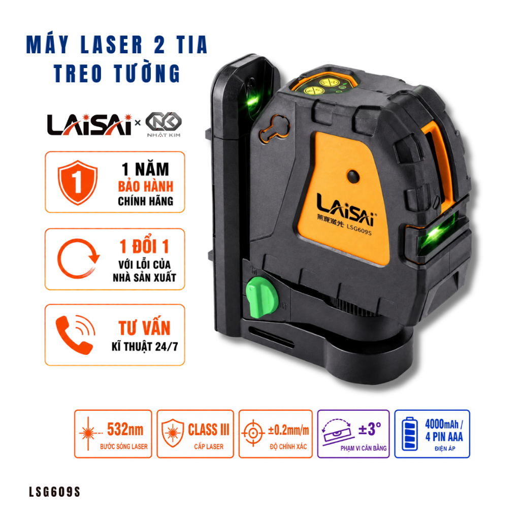 Máy Cân Bằng Laser Treo Tường LAISAI 2 Tia Xanh Siêu Sáng Tự Cân Bằng Pin 4000mAh Chính Hãng LSG609S