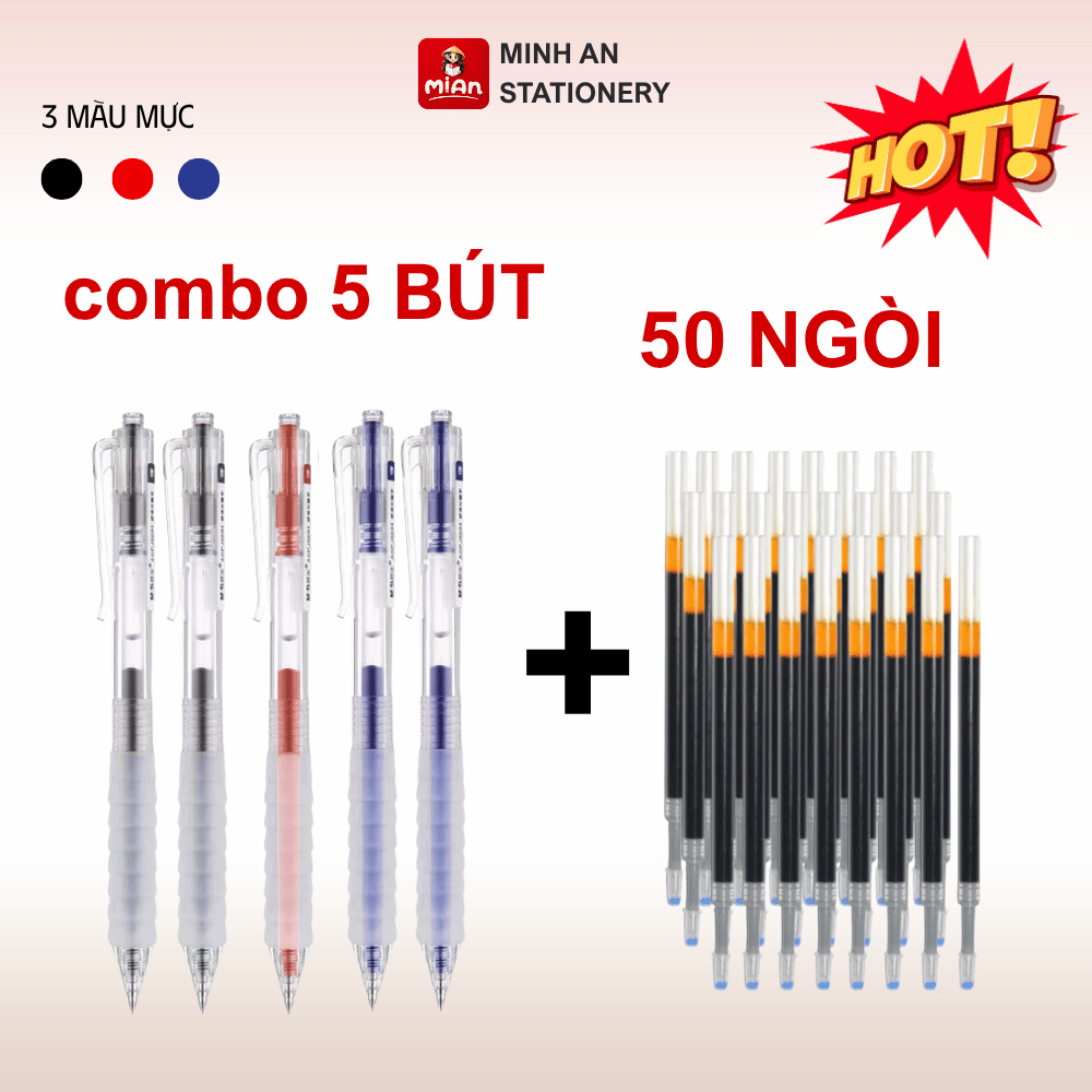 Set Bút Gel Basic Kèm Ngòi Thay Thế (5 Bút + 50 Ngòi), Bút Bi Nước Bấm Ngòi 0.5mm Mực Khô Nhanh Khôn