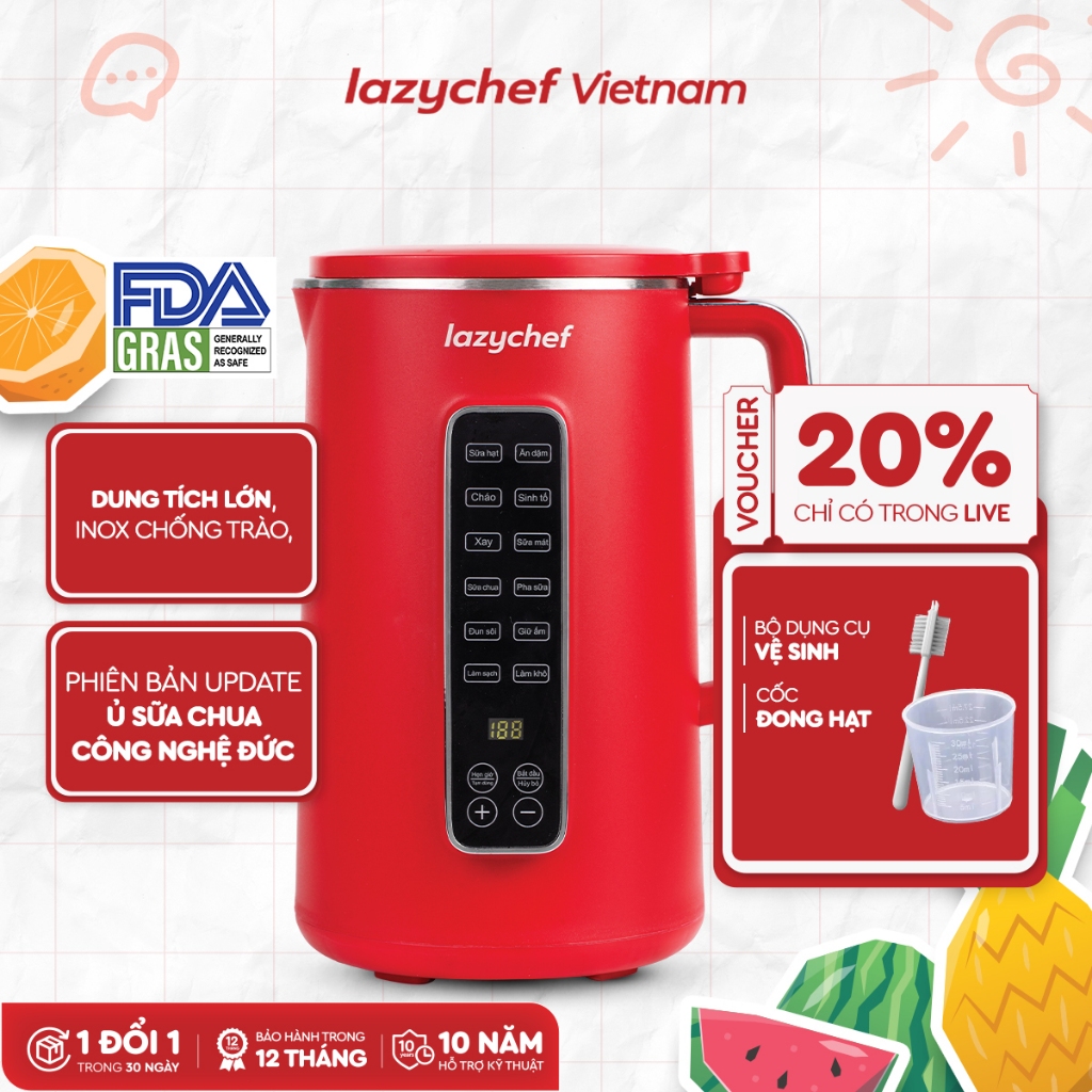 Máy làm sữa hạt 12in1 Lazychef, máy nấu cháo, pha trà, làm sữa mát, bảo hành chính hãng 12 tháng VHL