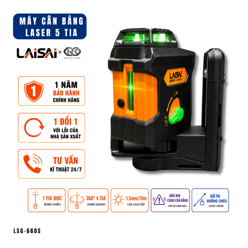 Máy Cân Bằng Laser 5 Tia Xanh Treo Tường LAISAI Đèn LED Siêu Sáng Độ Chính Xác Cao LSG-660S