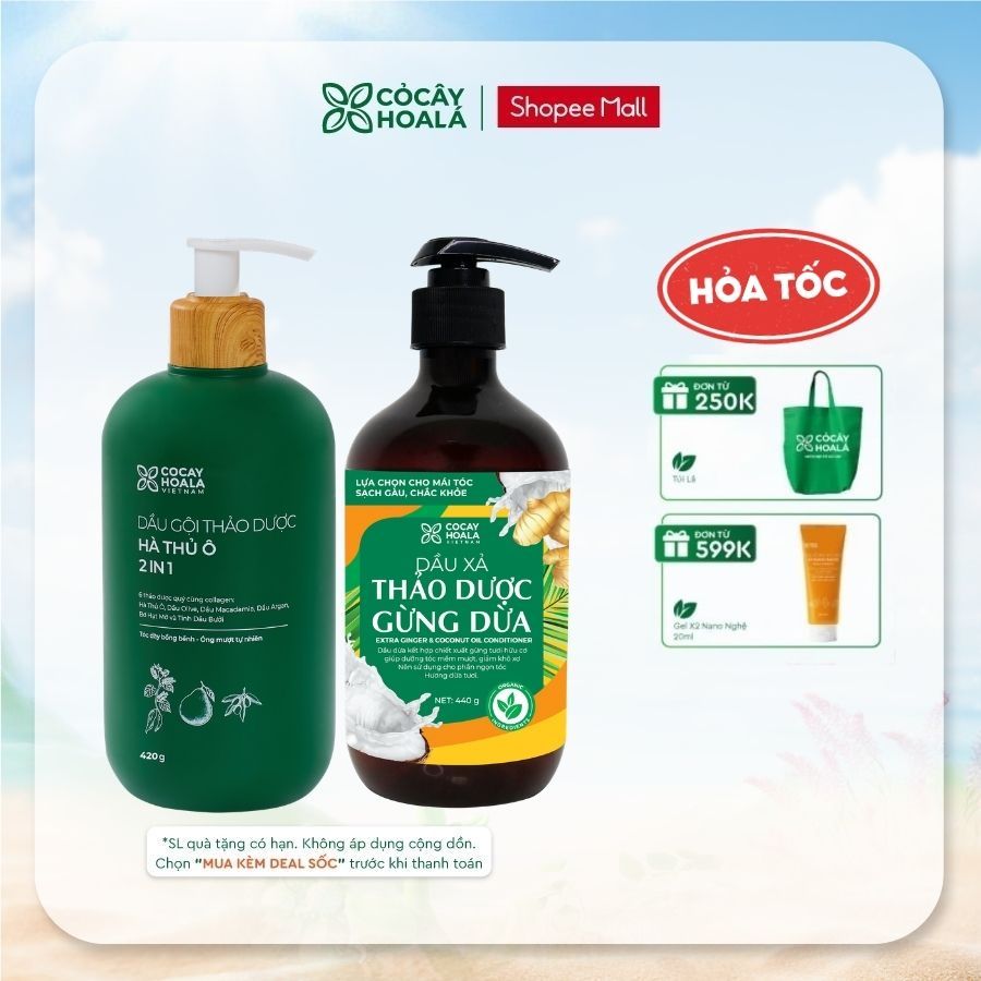 [HỎA TỐC] Combo Dầu Gội Hà Thủ Ô 2in1 420G & Dầu Xả Gừng Dừa 440G Cỏ Cây Hoa Lá Giúp Giảm Gãy Rụng, 